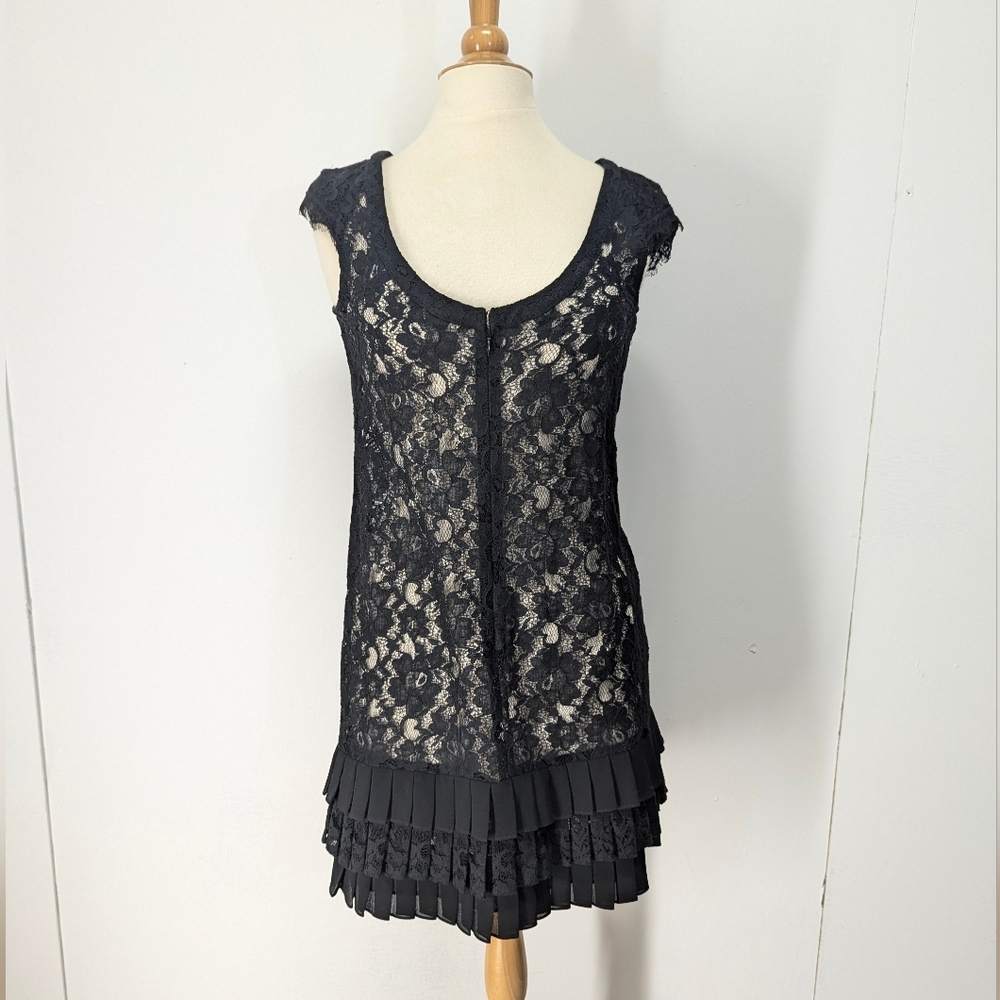 Sheer Black Lace Dress with Ruffle Hem Tiered Pleated Goth Midi Sheath Zip S M